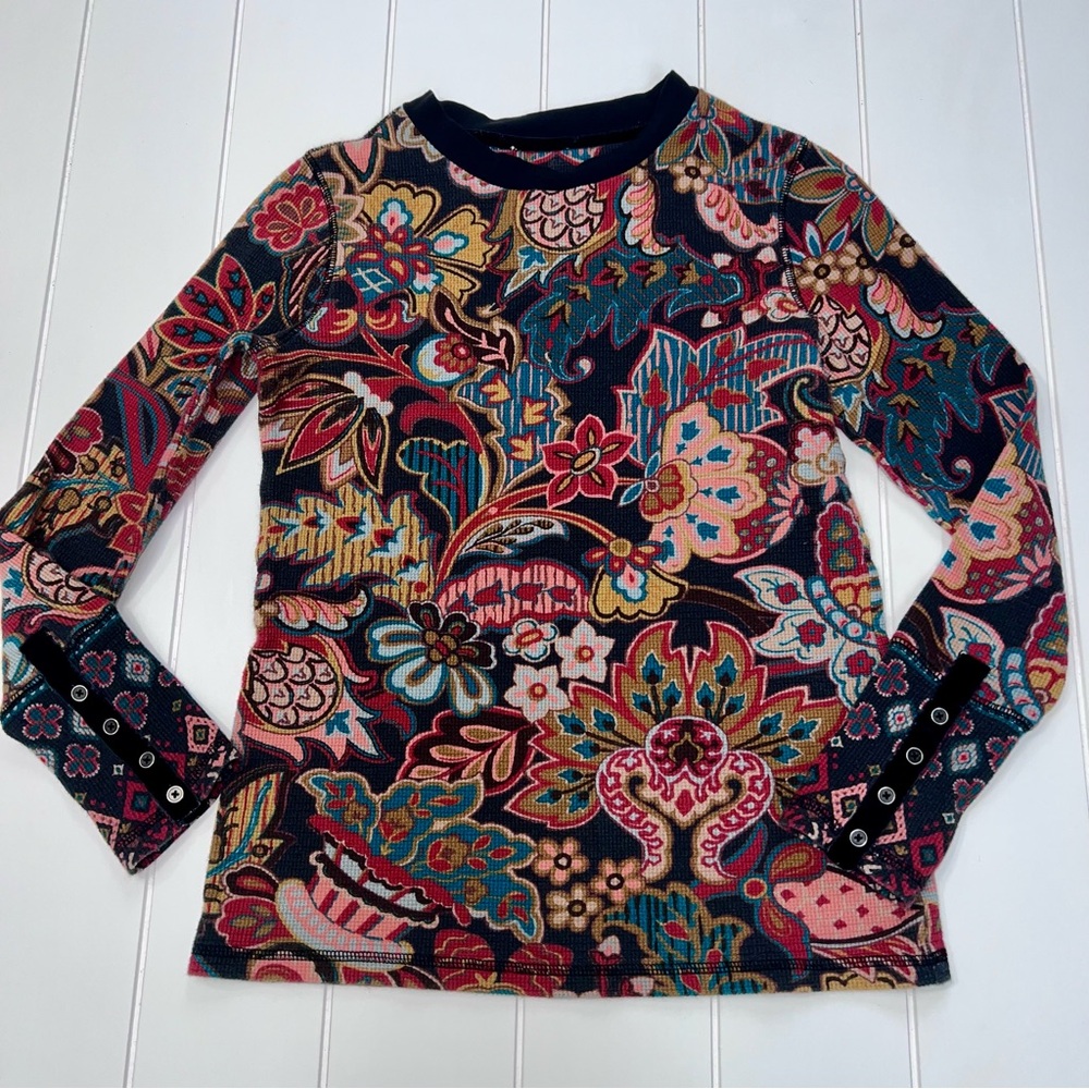 Sundance Multicolor Floral Knit Thermal Top Shirt Long Sleeve Tee S M